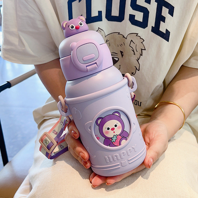 New cartoon character double-drink kids' thermos cup, 316 stainless steel food-grade water bottle with sleeve and straw