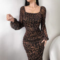 European and american tk cross-border new arrival: leopard print mesh fabric printed square neck long sleeve ruffle hem dress