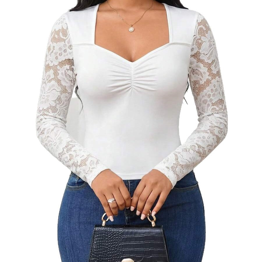 Women's casuallong sleeves t-shirt with lace and ruffles details