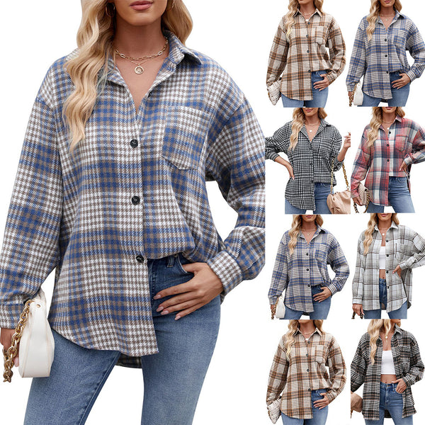 2024  autumn and winter women's clothing,  European and American  thousand bird plaid button flannel shirt