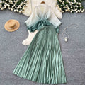 Fashion pleated suit women's strappy waist gradient color pressed pleated cardigantopshigh waistpleated skirttwo-piece set