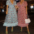 cross-border french strawberry sequin sweet maxi dress - four colors, mesh overlay, tie-waist, slim-fit fashion dress