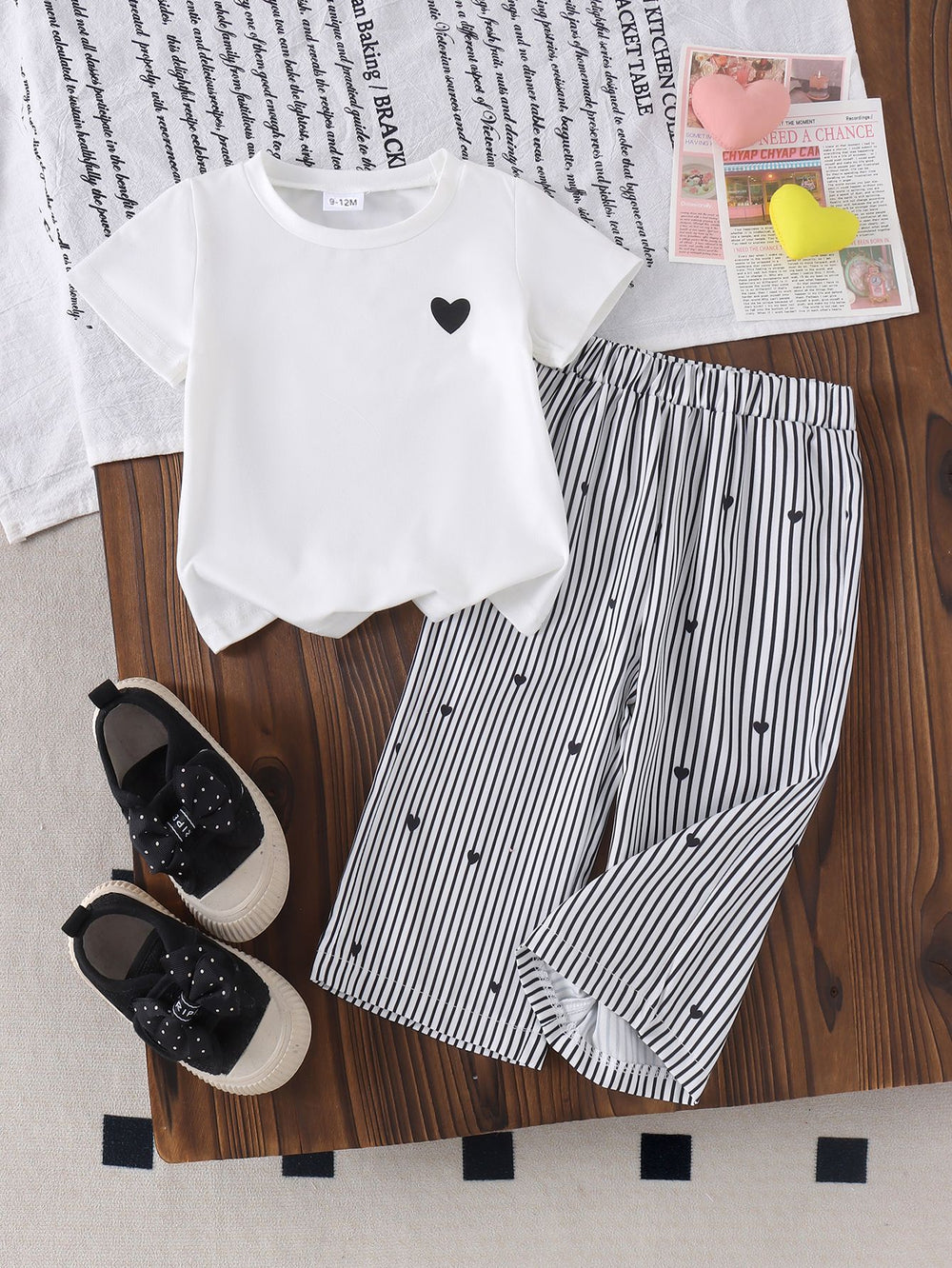 Baby girl heart print short sleeve two-piece set: solid color heart tee & vertical stripe heart wide-leg pants - casual summer outfit