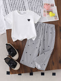 Baby girl heart print short sleeve two-piece set: solid color heart tee & vertical stripe heart wide-leg pants - casual summer outfit