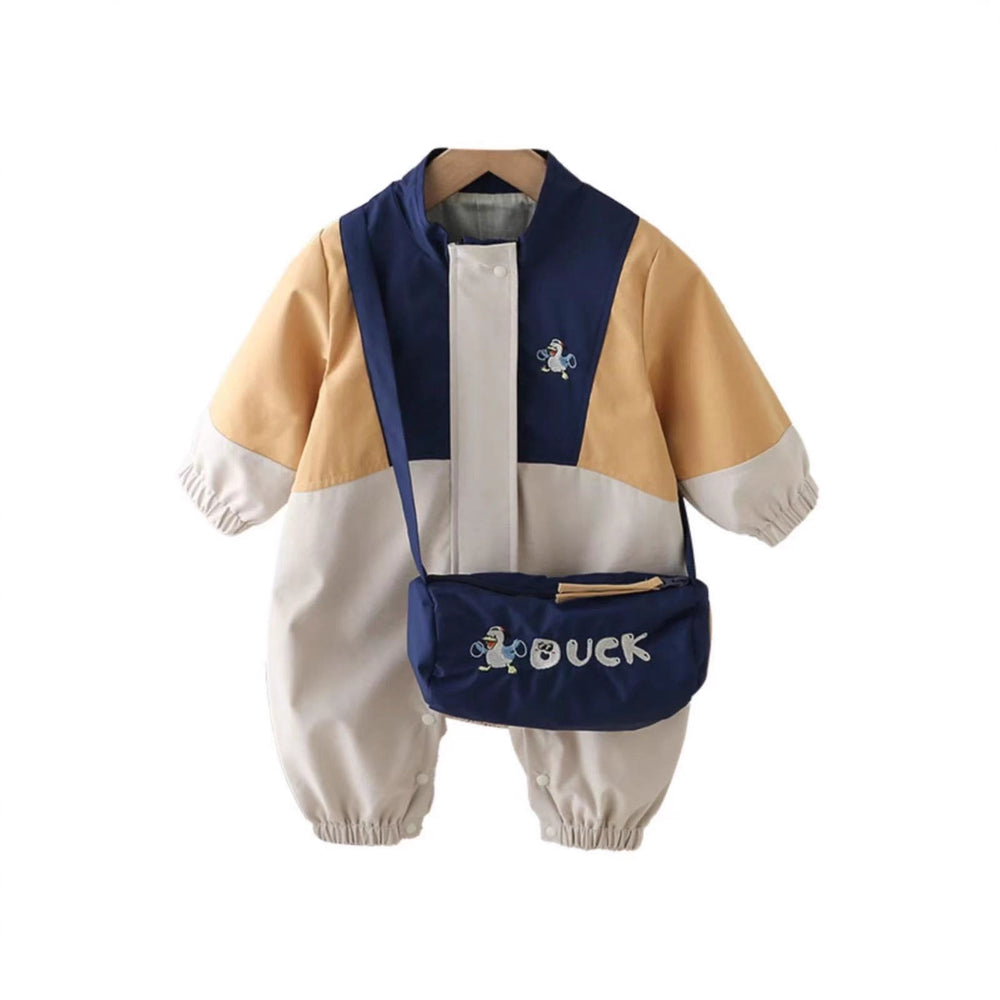 Infant and toddler spring/autumn color-blocked romper, stylish and cute one-piece outfit for baby boys and girls, perfect for outings, a trendy and fashionable crawling suit