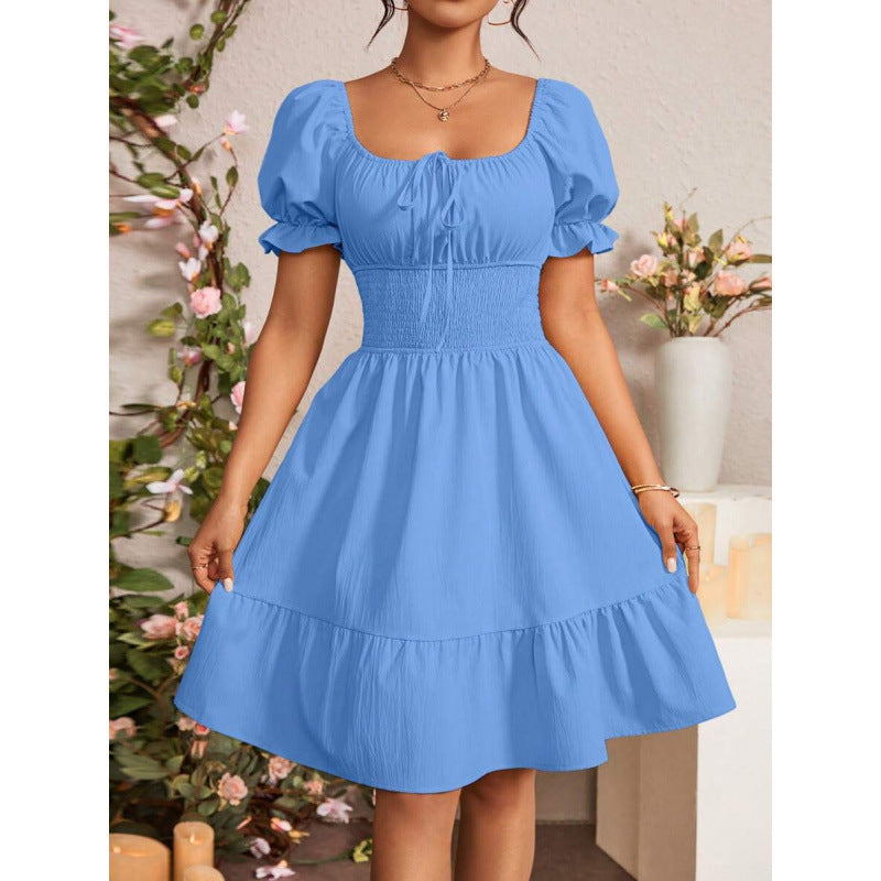 fashion  summer new arrivalelegantrufflespure color puff sleeve square neck shortdress