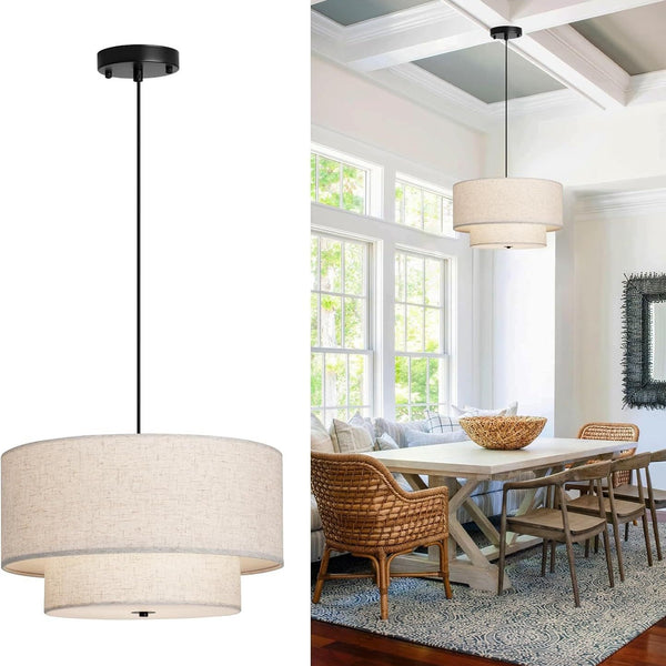 Cross-border Modern Double Drum Fabric Chandelier Large Hanging Ceiling Chandelier Suitable for Dining Room Living Room Bedroom Kitchen