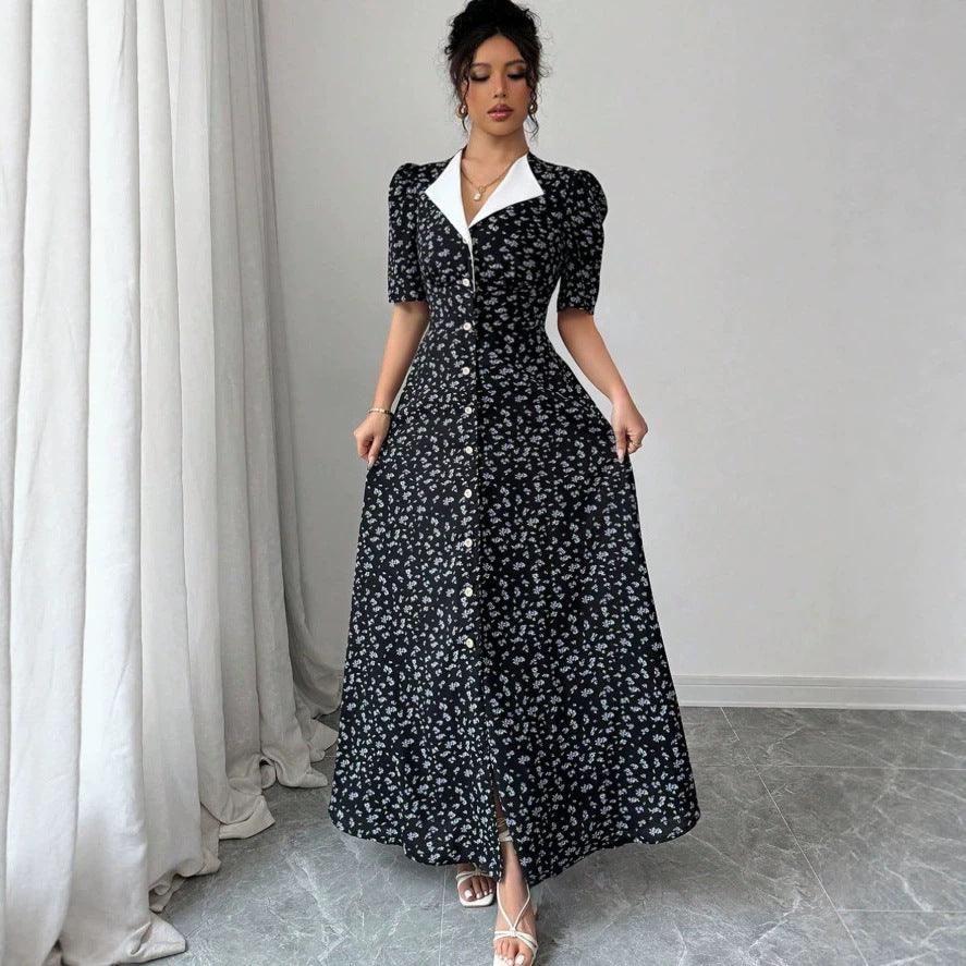 new european and american style fitted v-neck floral print elegant dress