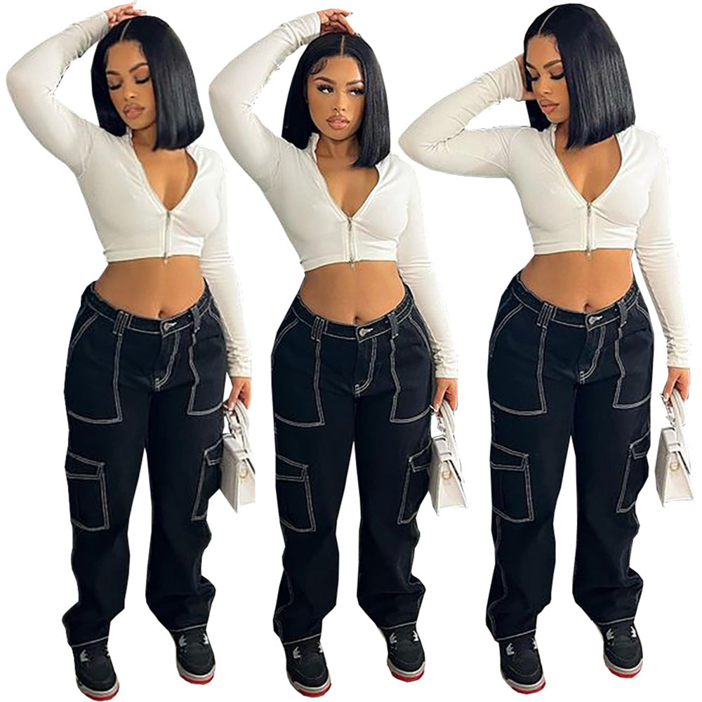 European and american cross-border women's jeans -  wholesale women's clothing - street style high-waisted topstitched straight-leg casual trousers
