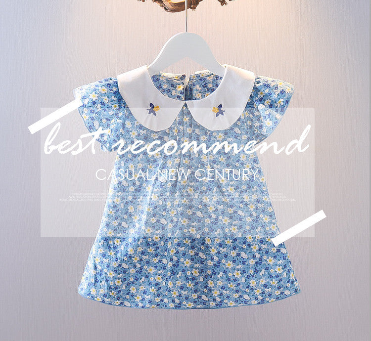 Girls' floral dress - new korean style for summer , featuring a peter pan collar, ruffle trim, and embroidery. wholesale children's dresses for export