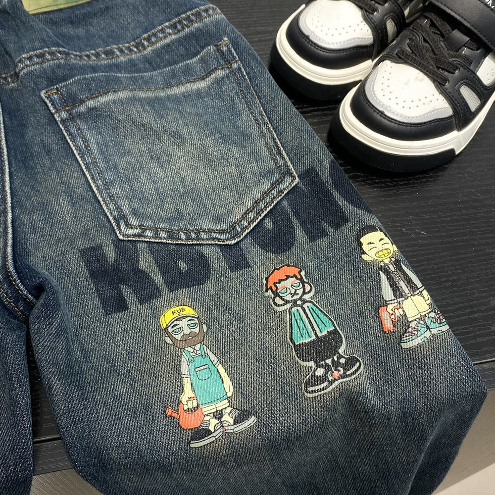 Boys' spring denim jeans - kids' pants - cartoon design - mid-to-large size - stylish spring streetwear pants for boys - long pants