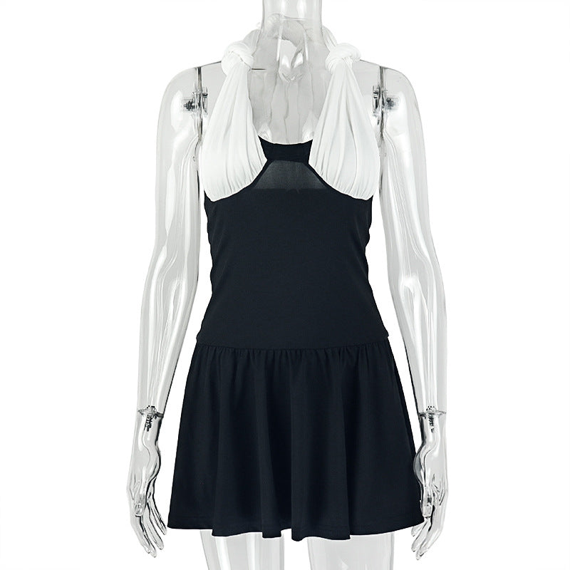 European and american style ins cross-border black and white contrast color fashion women's chest-wrapped casual a-line skirt pleated sleeveless home dress