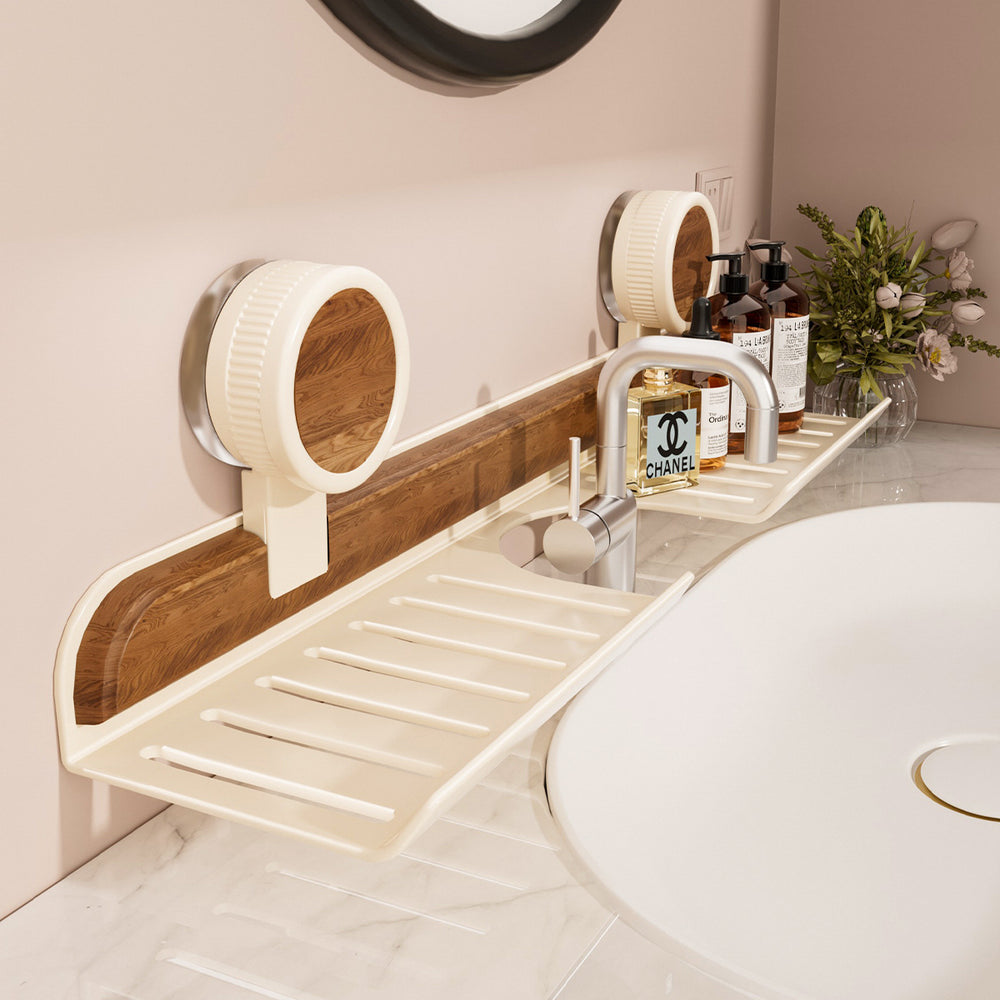 Walnut suction cup bathroom organizer - no drilling required - over-mirror faucet & vanity storage shelf