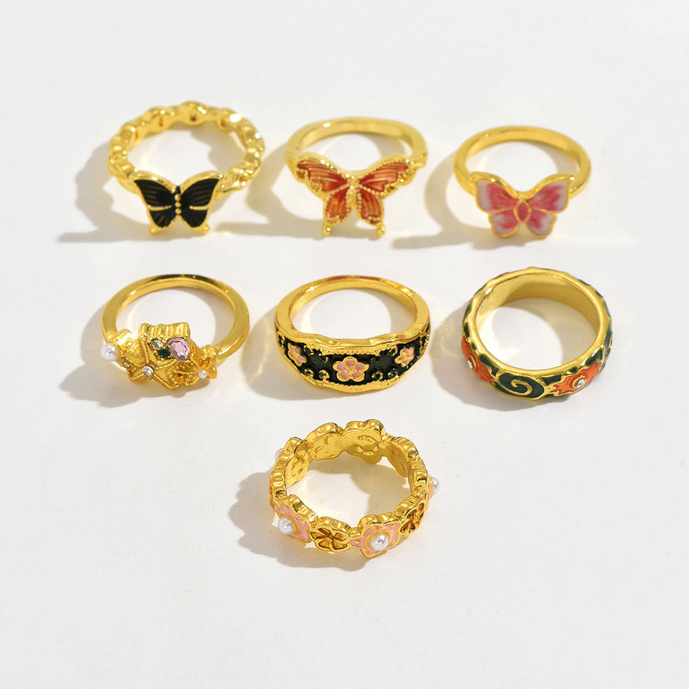 retro colorful ethnic style butterfly flower ring stylish drip oil niche style design ring jewelry wholesale