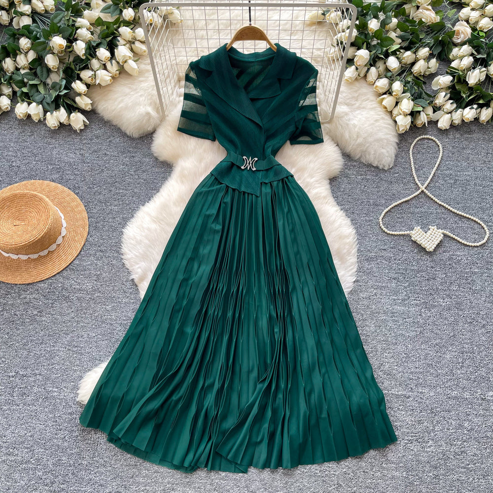 French chic blazer-style short sleeve dress - women's slim-fit pleated maxi dress for work and everyday elegance
