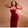 fashionnew arrivalelegant one-line collar halterdress hot diamond high slit hip-covering hot diamond beaded dress