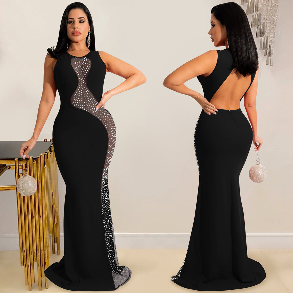 X5580   nightclub style sexy rhinestone mesh see-through sleeveless backless maxi dress for women
