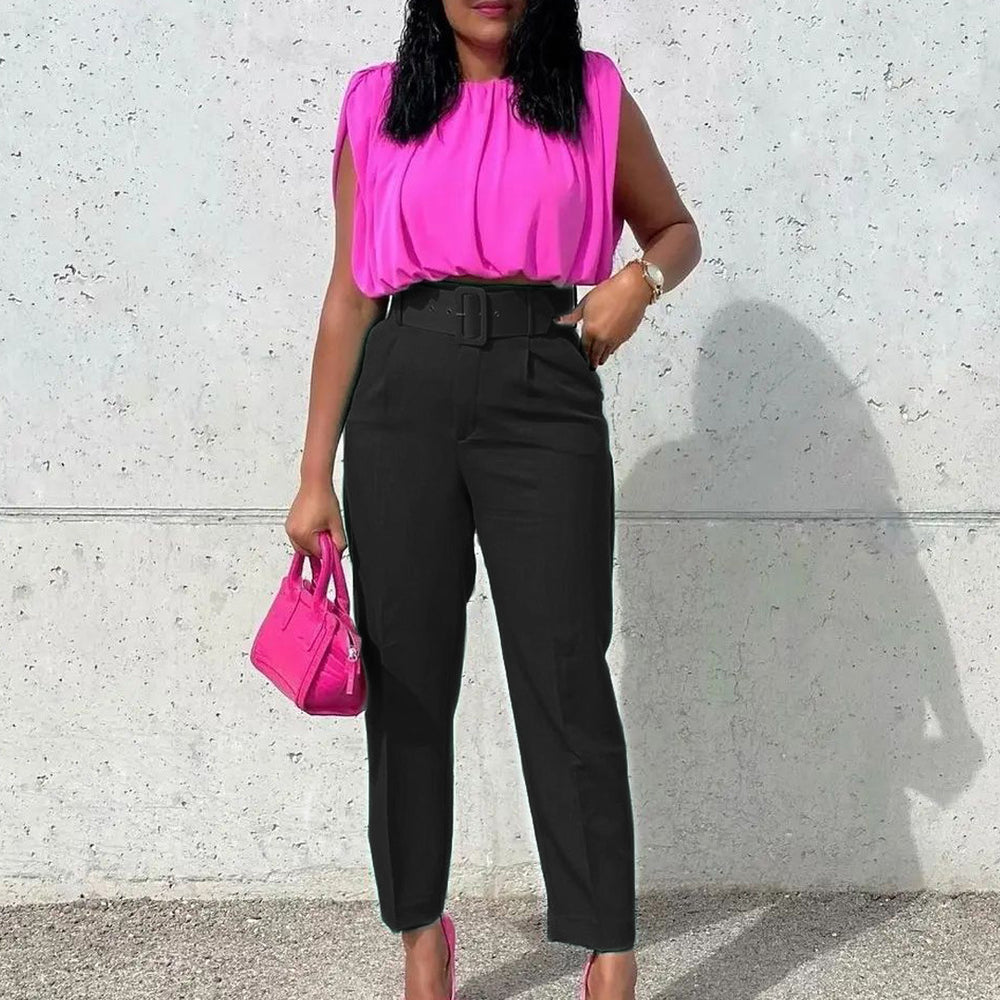 Belted european and american style women's clothing  spring new fashion plus size slimming high waist casual skinny pants foreign trade suit pants