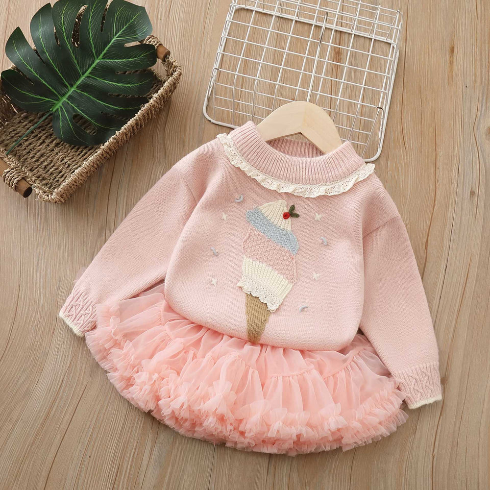 Girls' knit sweater set - new autumn/winter  collection: chic baby pullover with lace collar, long-sleeved base layer knitwear