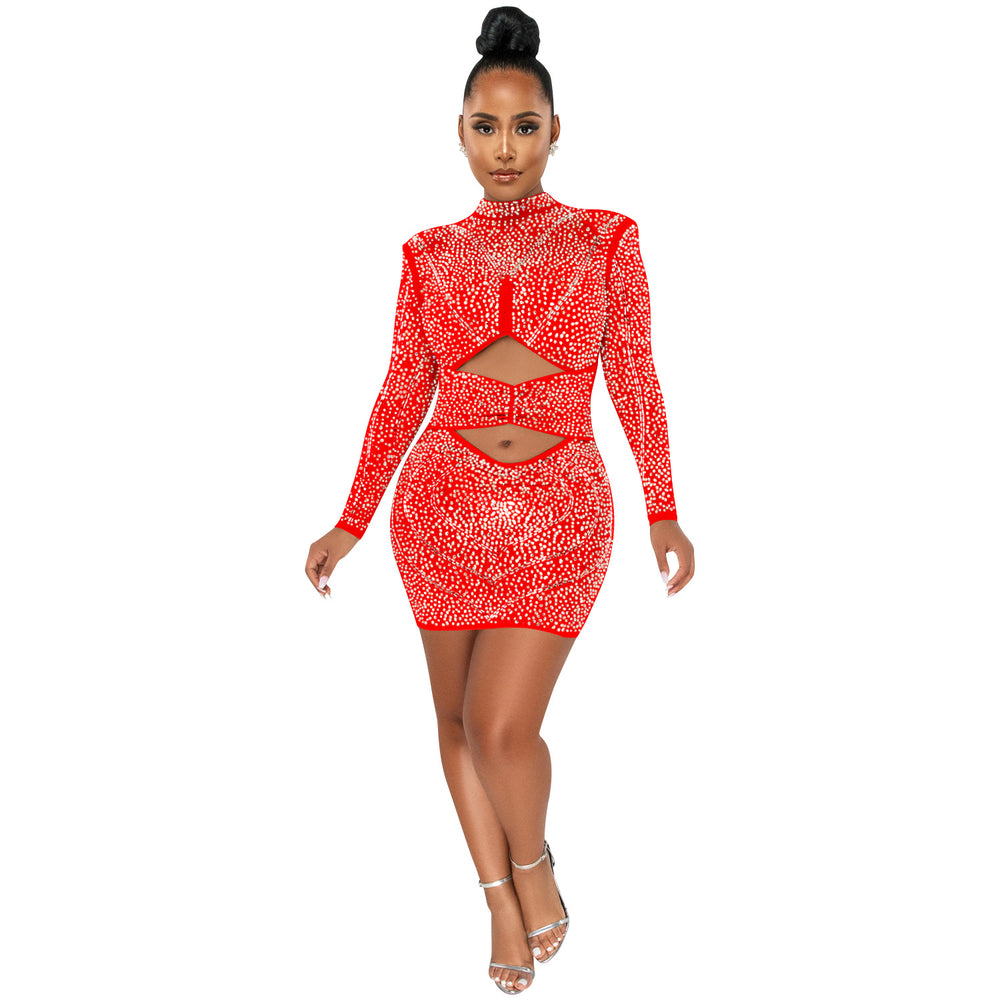 X5572   fashion sexy nightclub rhinestone mesh see-through long sleeve hollow-out midi dress