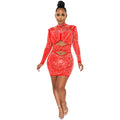 X5572   fashion sexy nightclub rhinestone mesh see-through long sleeve hollow-out midi dress