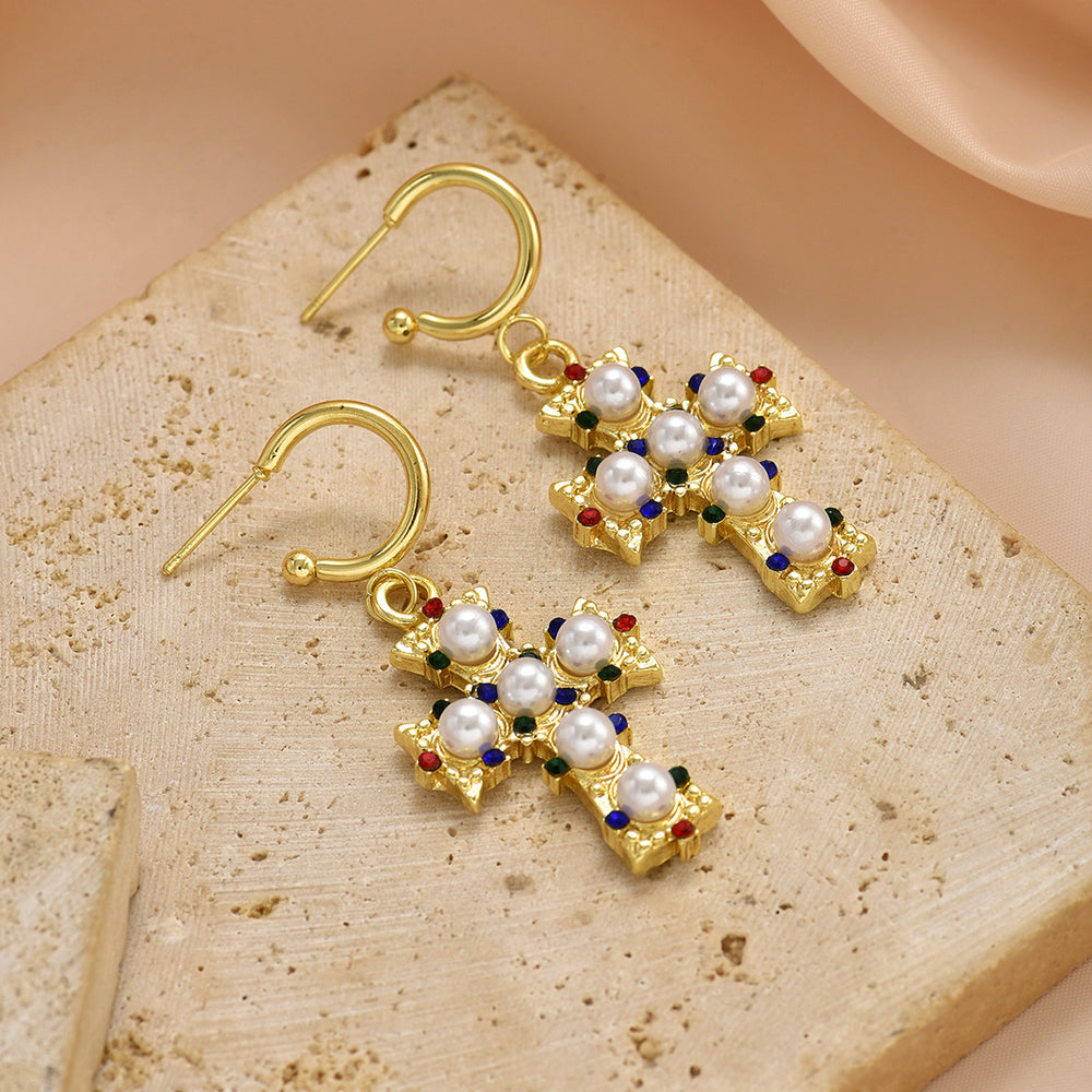 European and american cross-border new alloy cross pattern pearl stud earrings - light luxury, high-end design women's earrings jewelry