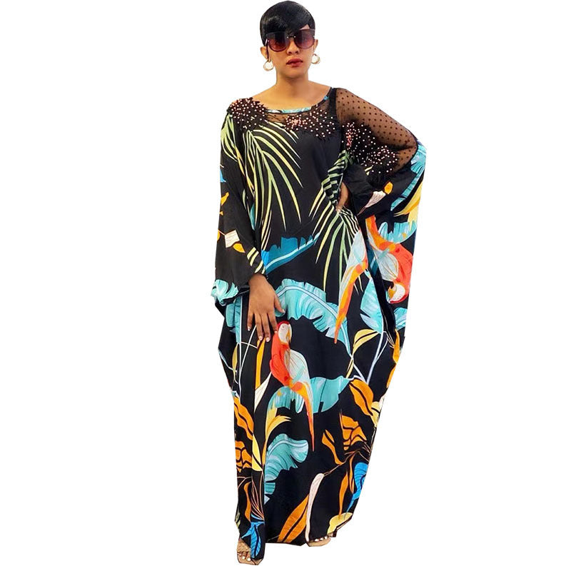 Special offer: digital print mesh panel batwing sleeve beaded loose fit crew neck plus size women's dress