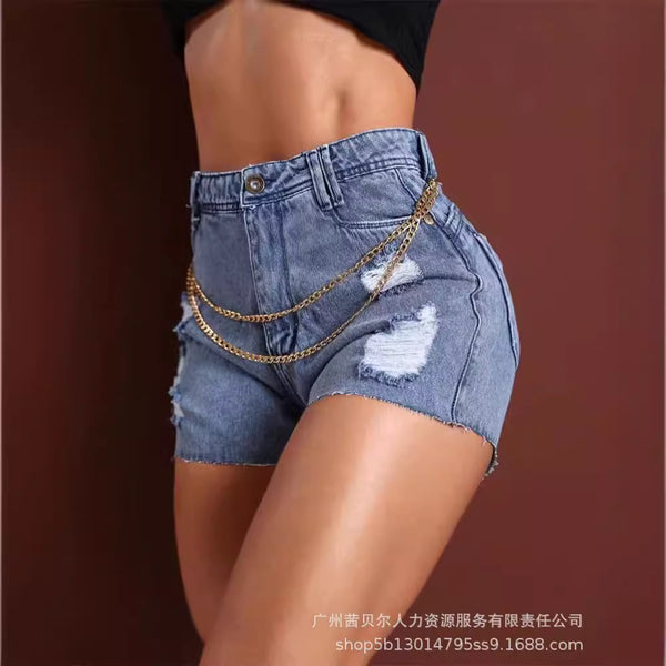 ODF3374 Europe and America 2024 women's clothing chain splicing ripped tight denim shorts