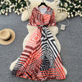 Korean style v-neck geometric print dress - women's spring  short sleeve, slim fit, a-line maxi dress - commute chic