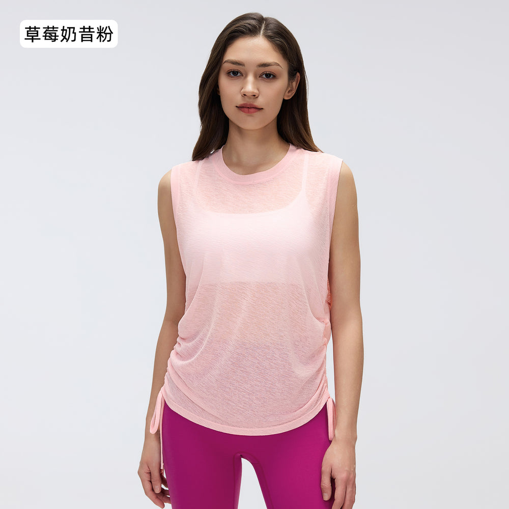 Simple round neck sleeveless sports tank top women's thin breathable side drawstring yoga top cover-up summer d26097
