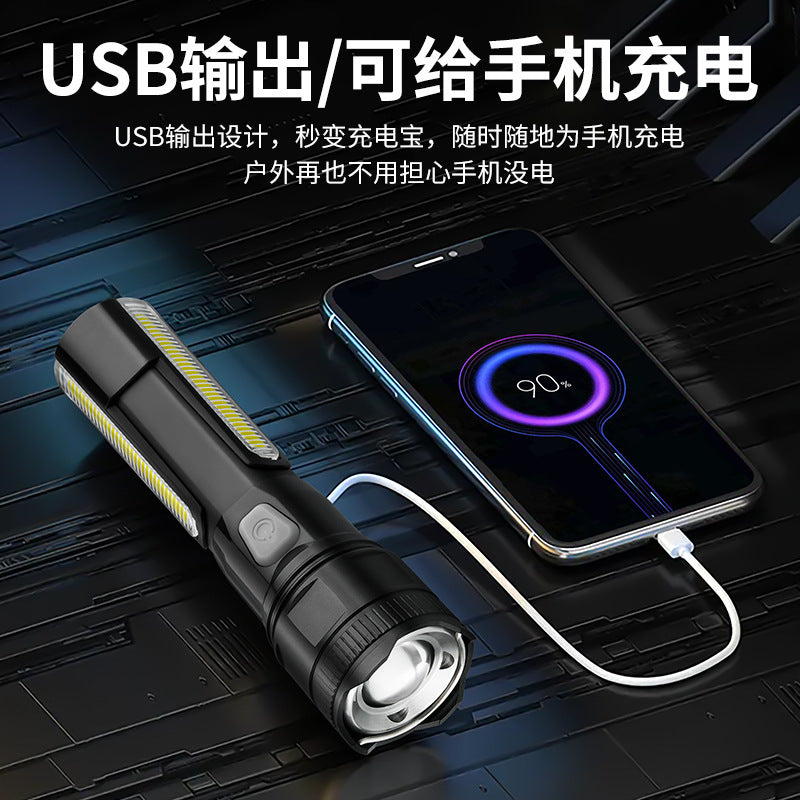 Cross-border new LED flashlight Type-C charging with side light outdoor camping multi-function strong light flashlight