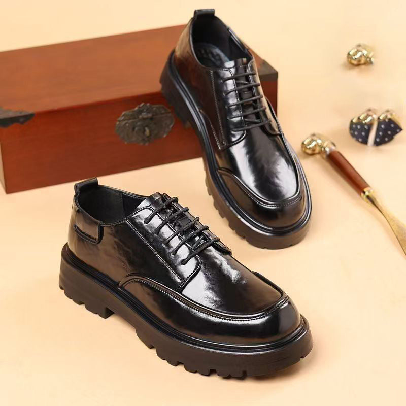Leather shoes men's shoes round toe 2026thick solenew arrival british height increasing mencasual business formal wear wedding groom