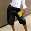 Fashion street rivet denim pants for women high waistloosestraight-leghalf length pants washed raw edge design cross-border