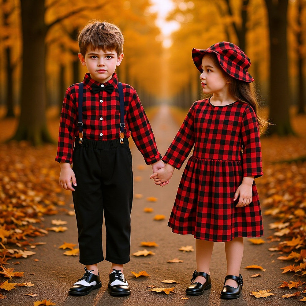 Export children's clothing autumn style preppy style boys handsome dress kids plaid long sleeves shirt western style brother and sister