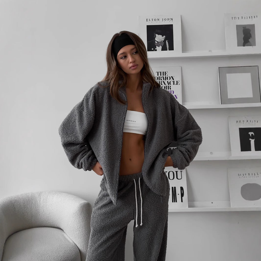 Cross-border sweater cardigan set women's Europe, America 2025 autumn and winter new sports and leisure fleece cardigan sweater set