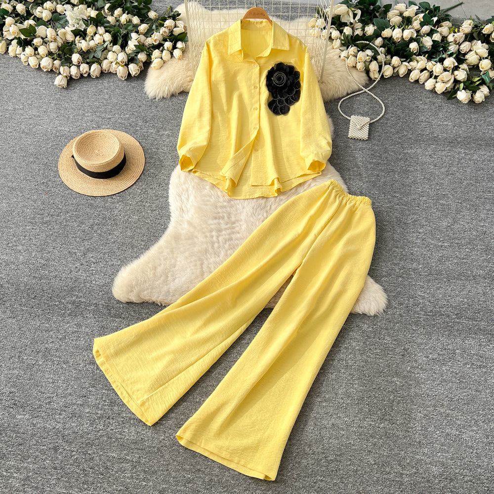 Light mature style wear women's autumn fashion heavy industry beading stereo flower long sleevesshirthigh waistloose wide leg pants