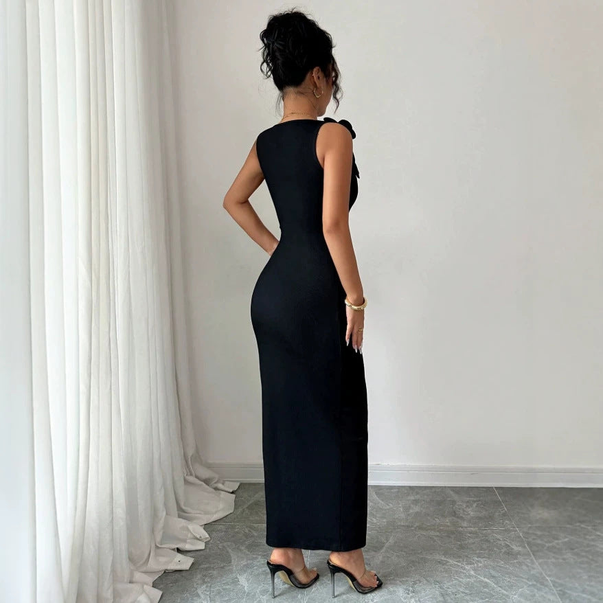fashion cross-border summer women's three-dimensional pearl strap square neck black slim-fit bodycon dress