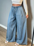Fashionjeans women's elastic waist drawstring wide-leg jeans light blue washed loosedrapedmoppants