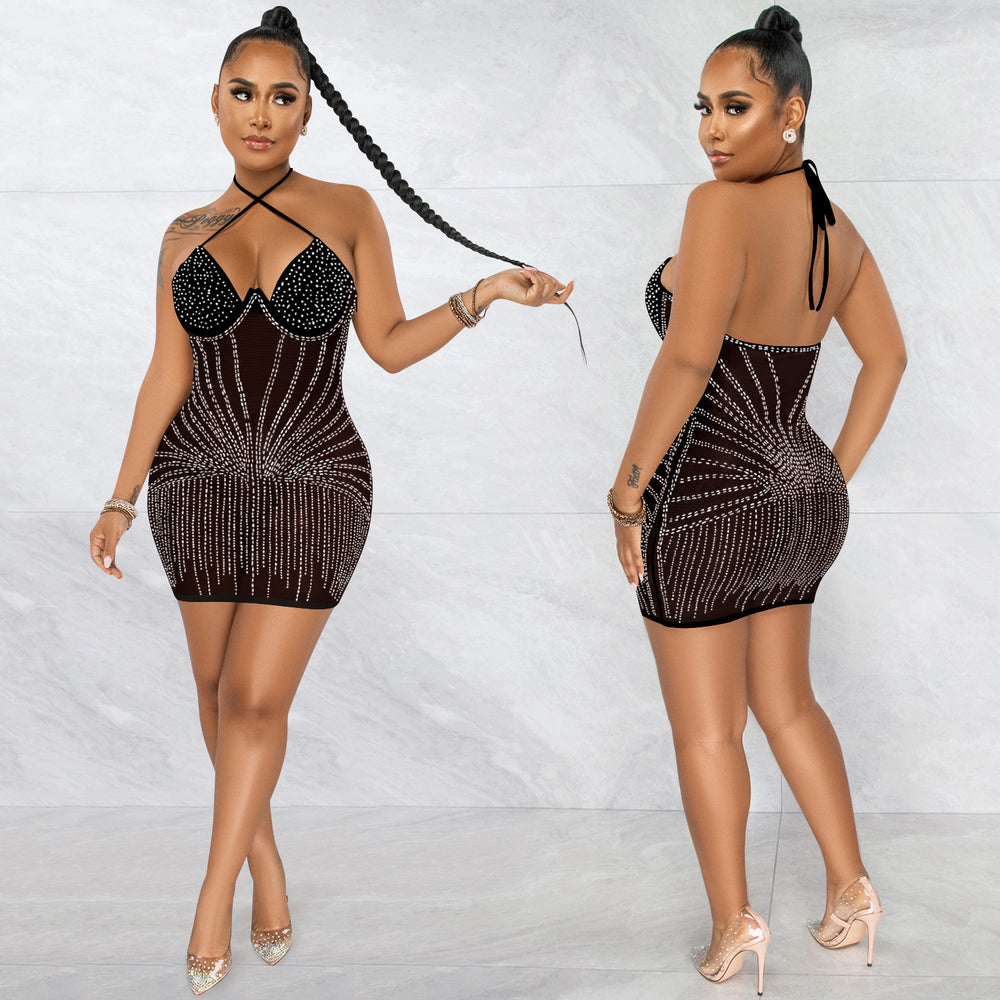 X5653    fashion sexy halter wrap chest rhinestone mesh see-through midi dress