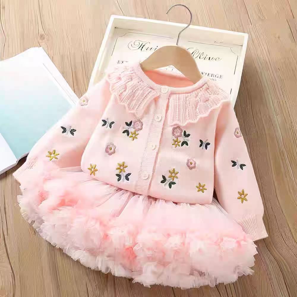Girls' cardigan sweater princess dress two-piece set - puffy skirt autumn/winter new korean style knitted cardigan outfit for baby girls