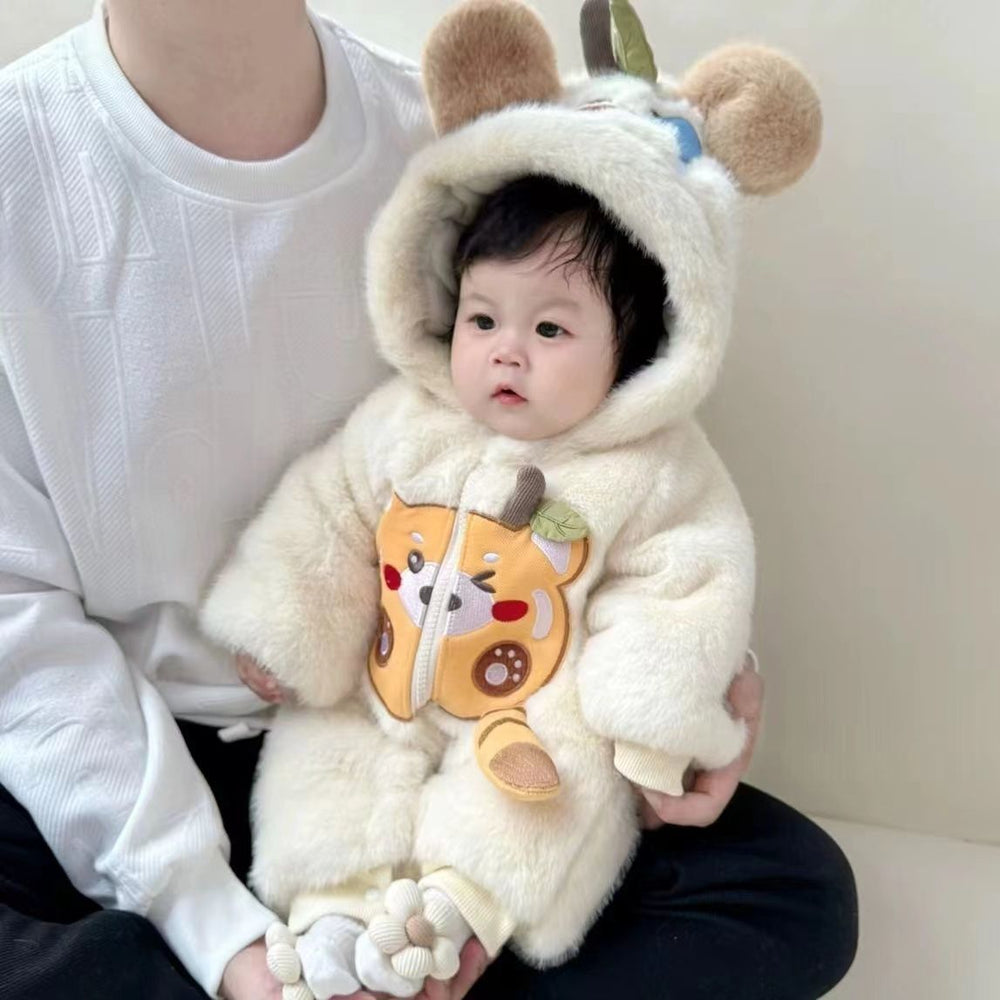 Infant cartoon onesie winter thickened warm romper baby boy and girl stylish outfit winter clothes fuzzy sweater