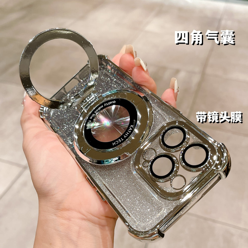 Magnetic magnifying glass stand compatible iphone 17 pro case, apple 16 glitter four-corner airbag shockproof cover