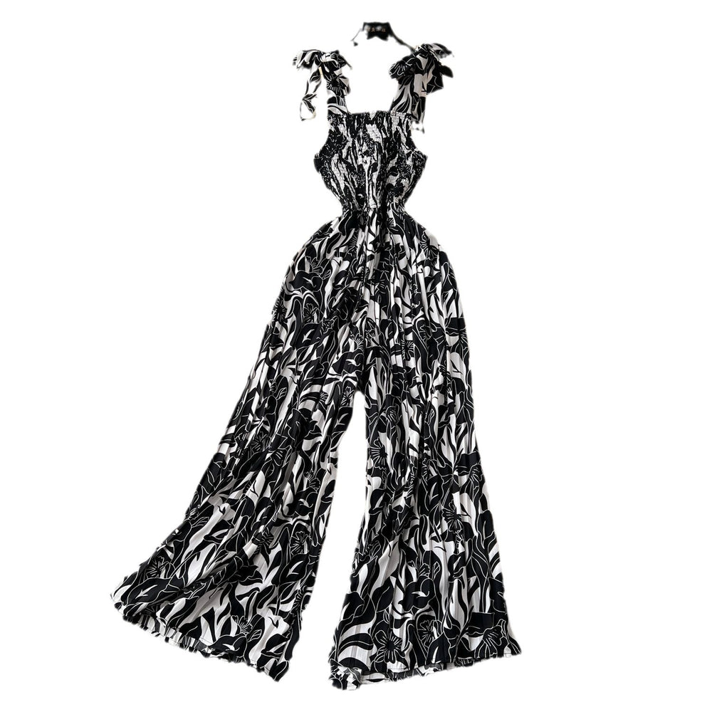 Women's summer jumpsuit for travel & vacation: stretchy, ruched, cinched waist, floral print, spaghetti strap, wide leg, long pants, beachwear