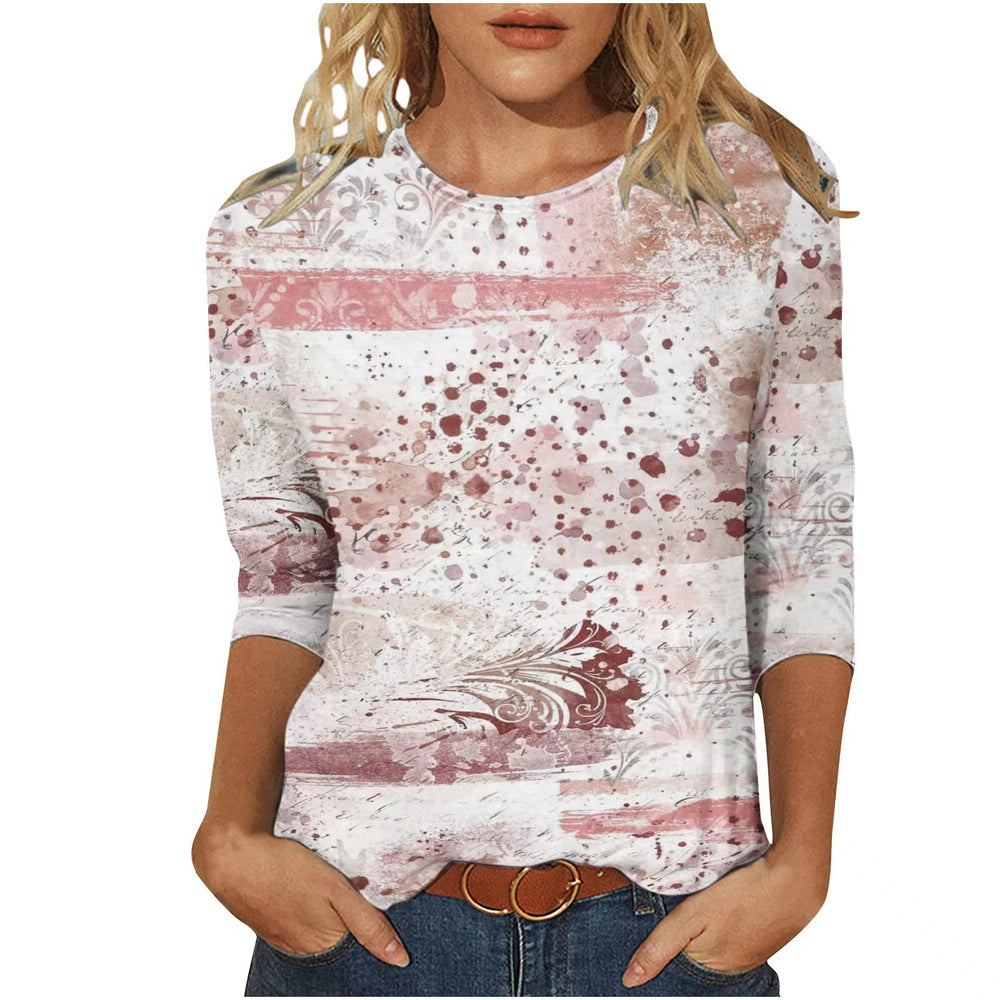 cross-border  women's casual printed crew neck 3/4 sleeve t-shirt top - in stock