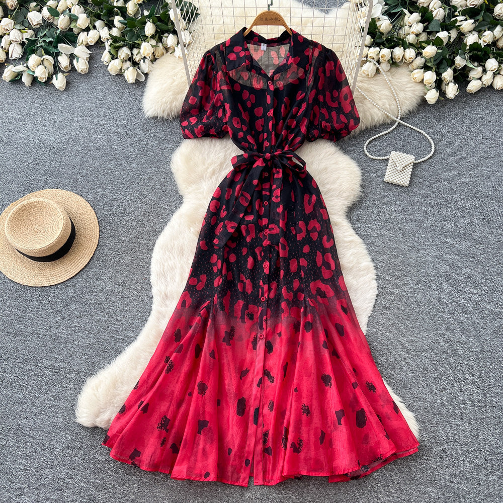 K-style lapel leopard print dress women's summer puff sleeves waist tie back a-line skirt elegant shirt skirt