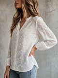 European and american style plus size hollow-out embroidered top - white floral embroidery v-neck single-breasted lantern sleeve lightweight blouse