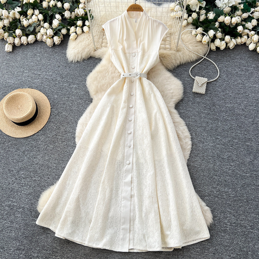 Frenchelegance style sleeveless single breasted dress for women summernew arrivalk-style waist slimming look long skirt work clothingelegant