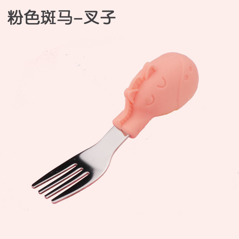 Wholesale baby stainless steel cutlery set: short-handled forks, spoons, silicone plates, and feeding utensil set for infants and toddlers