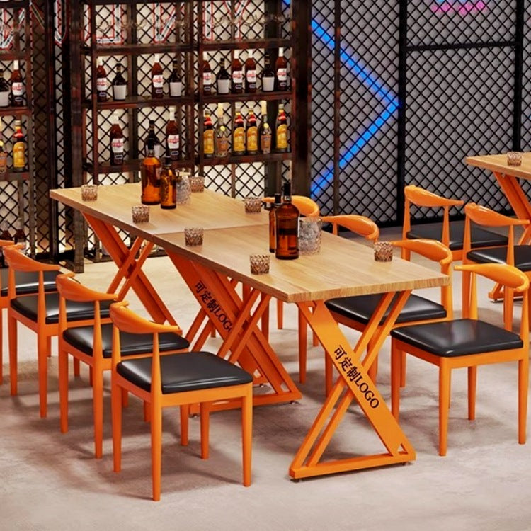 American cafe industrial style wrought iron table and chair combination leisure bar commercial barbecue hot pot shop solid wood dining table and chair