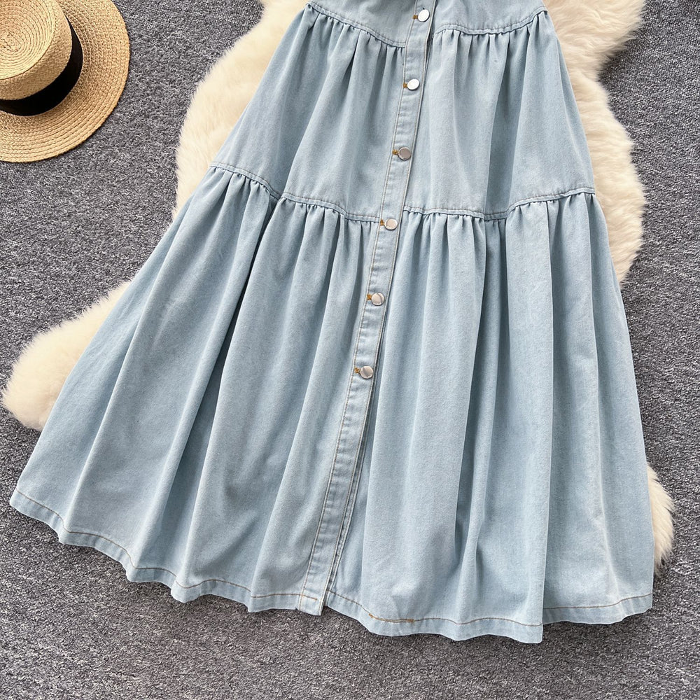 Sophisticated & chic: sleeveless denim maxi dress with metal buckle collar - a unique, high-end piece for women's summer casual wear